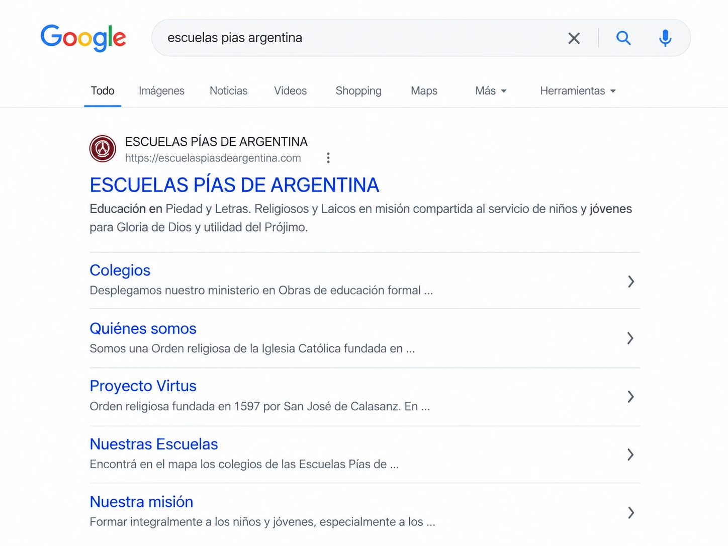 Ilustración del resultado de búsqueda de Escuelas Pías de Argentina con enlaces a sus secciones
